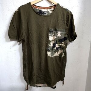 Triple Five Soul | Army Green Tee with Camouflage Pocket & Side Zippers